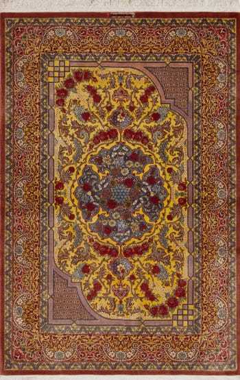 Fine Small Artistic Gold Color Luxurious Vintage Persian Silk Qum Rug 72773 by Nazmiyal Antique Rugs