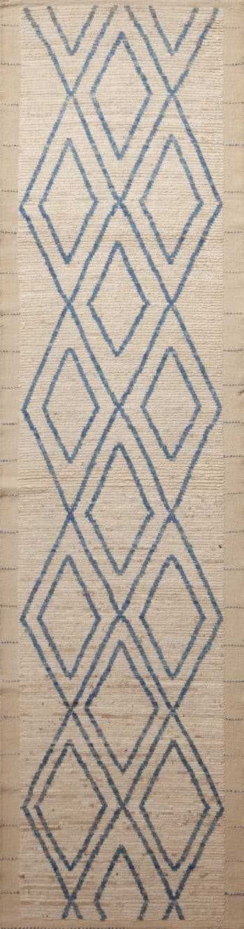 Light Ivory Cream Background With Light Blue Geometric Pattern Modern Hallway Runner Rug 11178 by Nazmiyal Antique Rugs