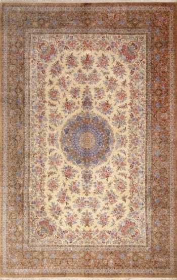 Luxurious Fine Ivory Vintage Persian Silk Floral Gonbad Design Qum Rug 72749 by Nazmiyal Antique Rugs
