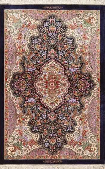 Luxurious Fine Small Size Vintage Floral Persian Silk Qum Rug 72765 by Nazmiyal Antique Rugs