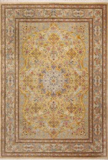 Luxurious Light Gold Color Fine Room Size Vintage Persian Silk Qum Rug 72746 by Nazmiyal Antique Rugs