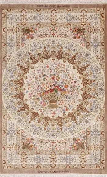 Luxurious Small Size Fine Weave Artistic Floral Design Vintage Persian Silk Qum Rug 72766 by Nazmiyal Antique Rugs