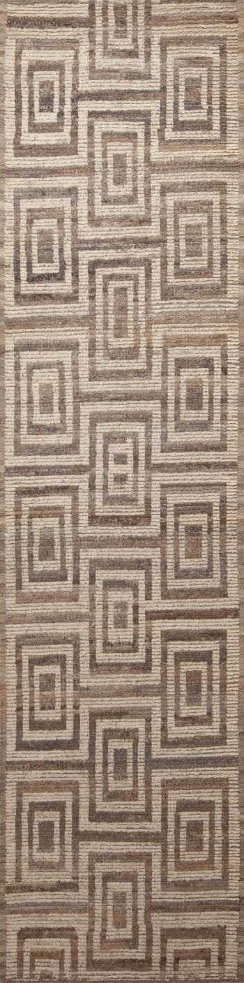 Modern Neutral Cream Background With Earthy Colo Tribal Geometric Pattern Hallway Runner Rug 11106 by Nazmiyal Antique Rugs