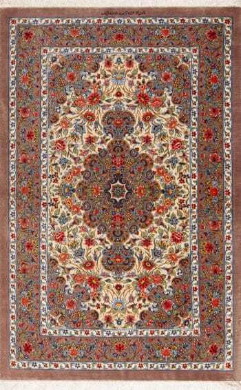 Small Fine Floral Design Vintage Luxurious Persian Silk Qum Rug 72780 by Nazmiyal Antique Rugs