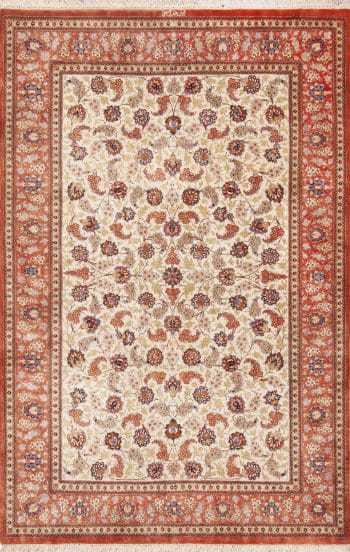 Small Fine Ivory Color Floral Design Vintage Persian Silk Qum Luxury Rug 70809 by Nazmiyal Antique Rugs