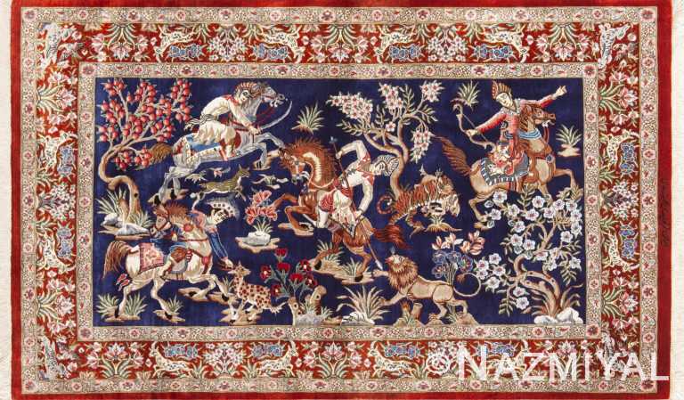 Blue Persian Small Hunting Scene Vintage Qum Silk Luxury Rug 72767 by Nazmiyal Antique Rugs