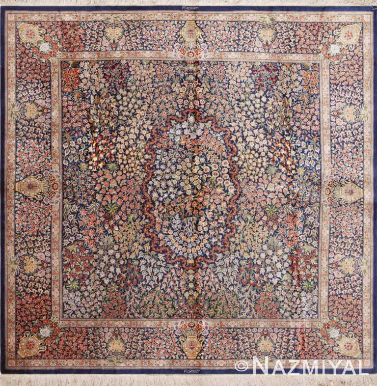 Fine Luxurious Intricate Floral Design Vintage Persian Silk Qum Square Shape Rug 72762 by Nazmiyal Antique Rugs