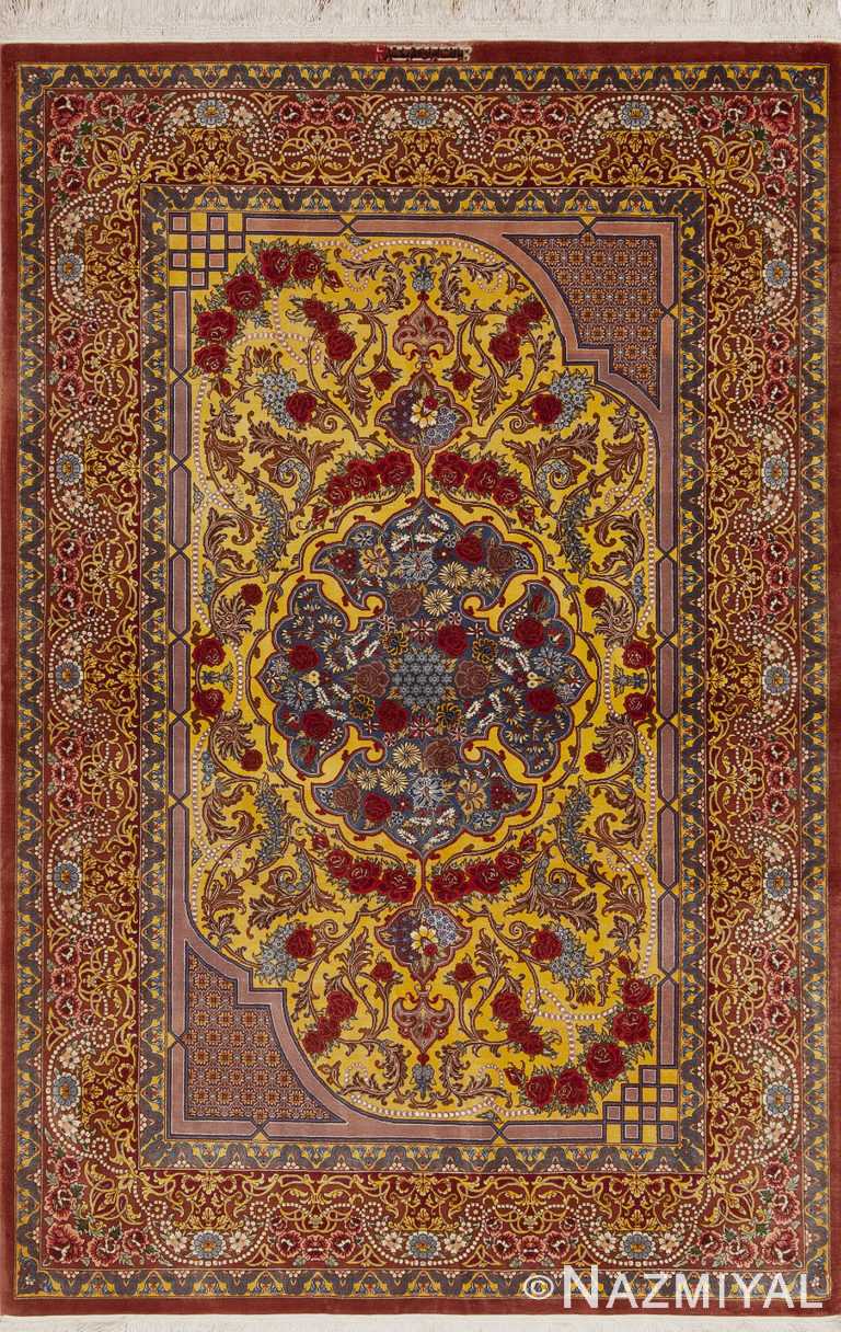 Fine Small Artistic Gold Color Luxurious Vintage Persian Silk Qum Rug 72773 by Nazmiyal Antique Rugs