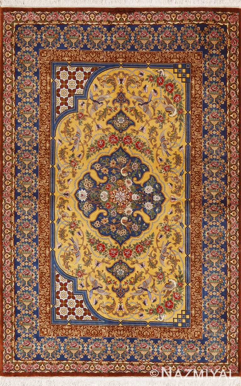 Fine Small Luxurious Silk Pile Gold Color Vintage Persian Qum Rug 72772 by Nazmiyal Antique Rugs
