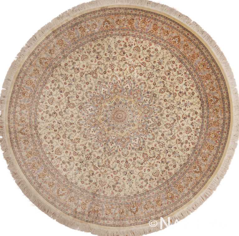 Light Ivory Fine Vintage Persian Gonbad Design Round Silk Qum Rug 72739 by Nazmiyal Antique Rugs
