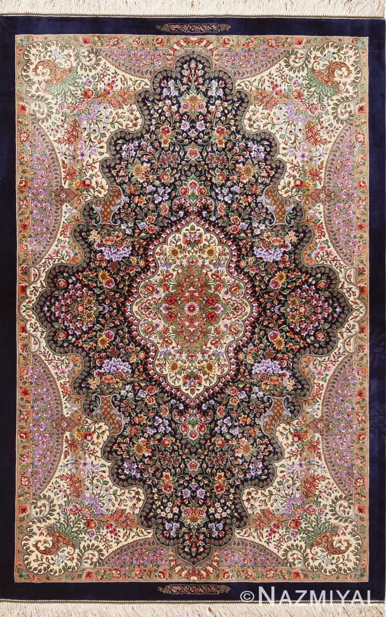 Luxurious Fine Small Size Vintage Floral Persian Silk Qum Rug 72765 by Nazmiyal Antique Rugs
