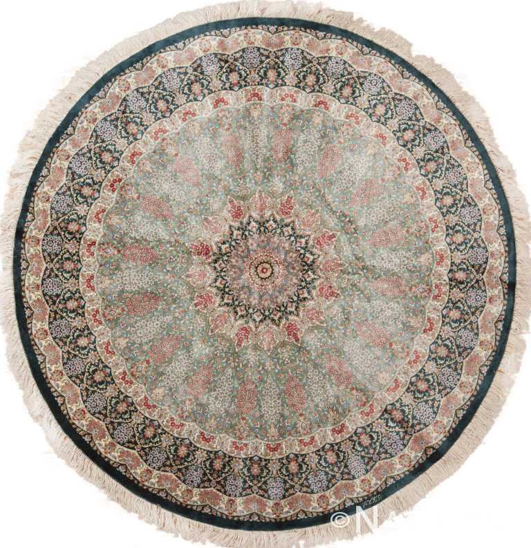 Luxurious Fine Weave Intricate Floral Medallion Pattern Round Shape Vintage Persian Silk Qum Rug 72785 by Nazmiyal Antique Rugs