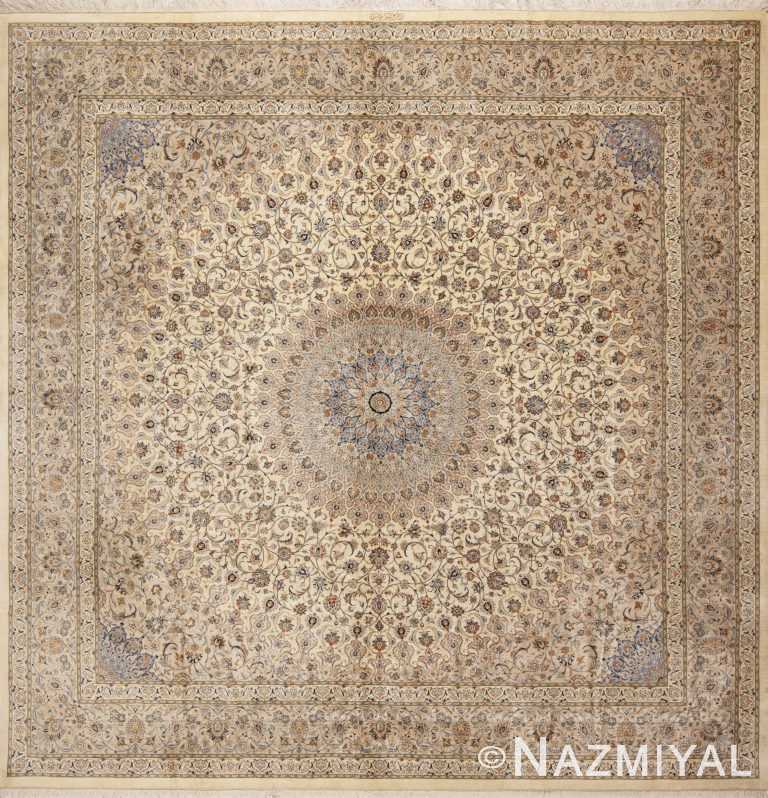 Luxurious Light Ivory Fine Floral Silk Persian Gonbad Design Square Qum Rug 72738 by Nazmiyal Antique Rugs