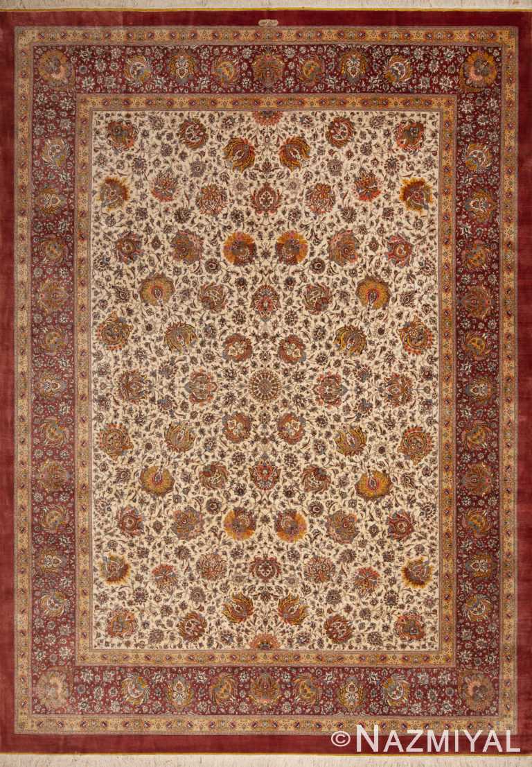 Luxurious Room Size Ivory Allover Floral Design Fine Vintage Silk Persian Qum Rug 72757 by Nazmiyal Antique Rugs