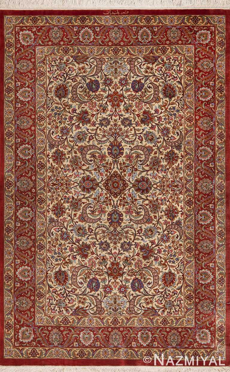 Luxurious Small Size Fine Weave Floral Design Vintage Ivory Persian Silk Qum Rug 70807 by Nazmiyal Antique Rugs