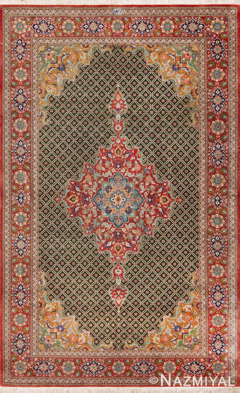 Small Artistic Green Background Fine Luxurious Vintage Qum Persian Silk Rug 72761 by Nazmiyal Antique Rugs