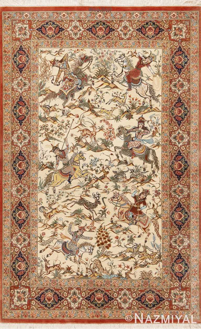 Small Artistic Pictorial Hunting Scene Design Luxurious Vintage Persian Silk Qum Rug 72775 by Nazmiyal Antique Rugs