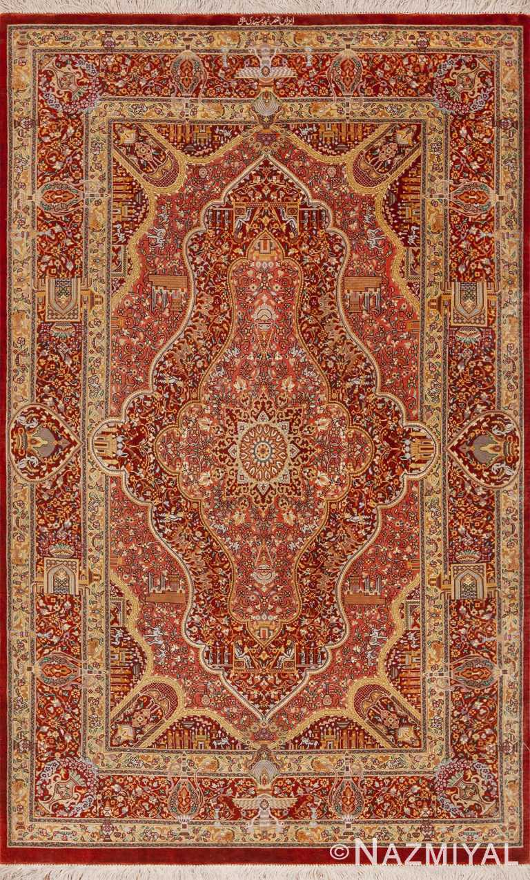 Small Fine Artistic Luxurious Silk Pile Vintage Persian Animal Design Qum Rug 70808 by Nazmiyal Antique Rugs