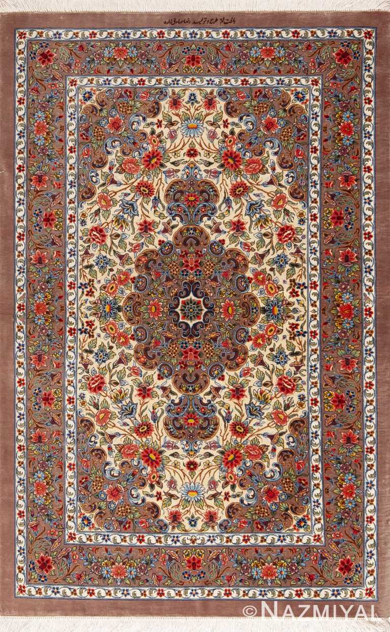 Small Fine Floral Design Vintage Luxurious Persian Silk Qum Rug 72780 by Nazmiyal Antique Rugs