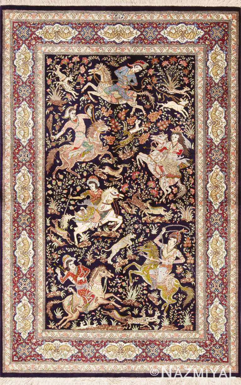 Small Luxurious Vintage Hunting Scene Design Silk Persian Qum Rug 72774 by Nazmiyal Antique Rugs