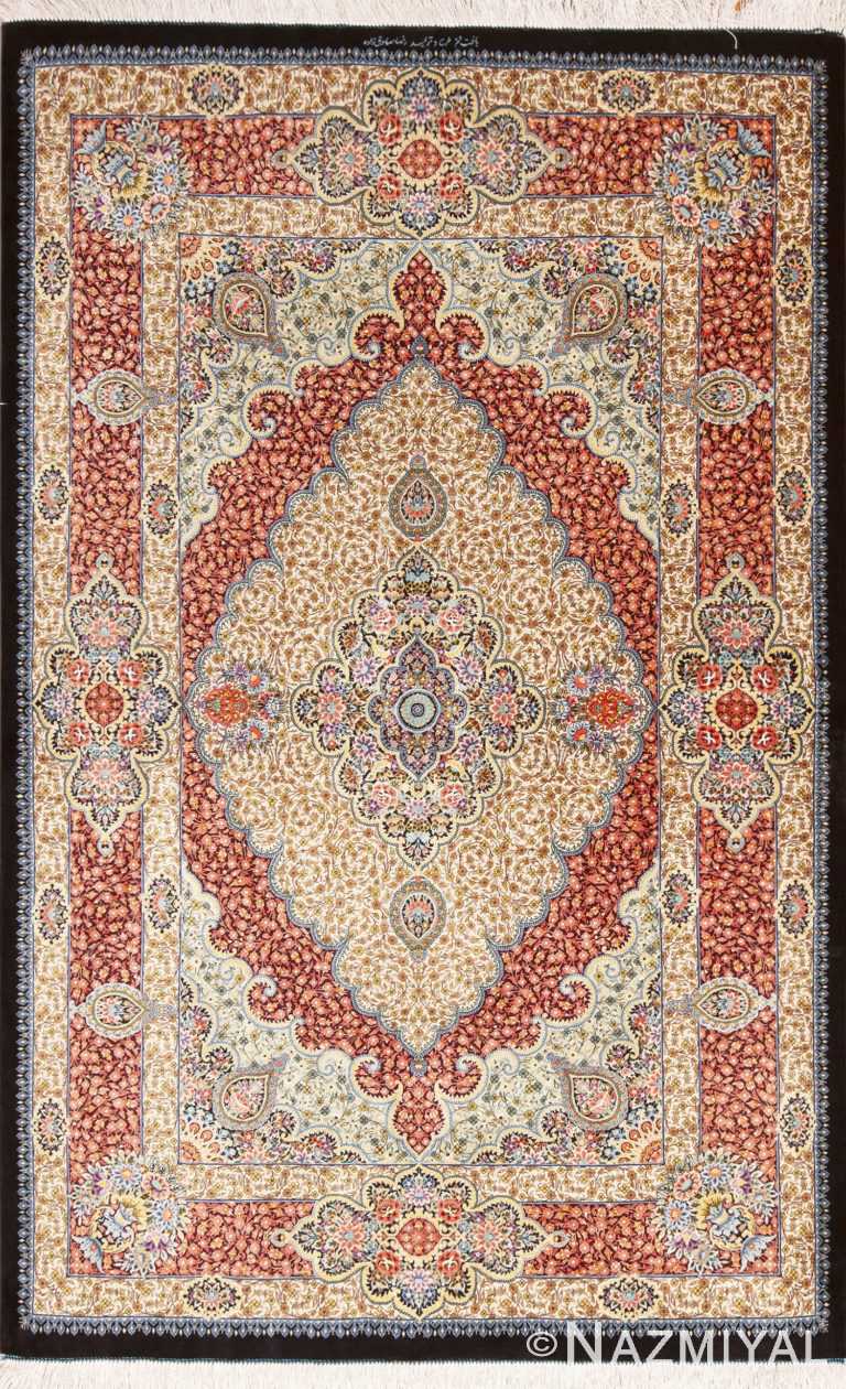 Small Scatter Size Fine Luxurious Floral Vintage Persian Silk Qum Rug 72771 by Nazmiyal Antique Rugs