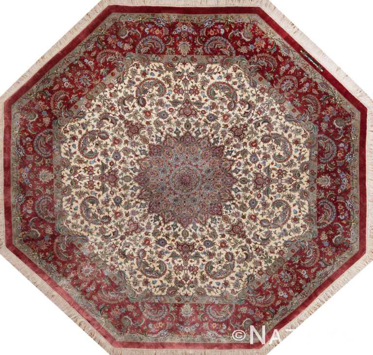 Vintage Square Octagon Shape Luxurious Persian Silk Qum Gonbad Design Rug 72740 by Nazmiyal Antique Rugs
