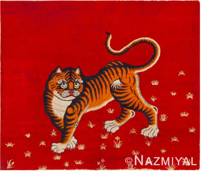 Red Background Antique Chinese Tiger Rug 72846 by Nazmiyal Antique Rugs