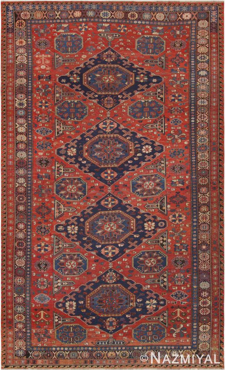 Captivating Rare Room Size Classic Red and Blue Color Tribal Antique Caucasian Flatweave Soumak Kilim Rug 72667 at Nazmiyal Antique Rugs
