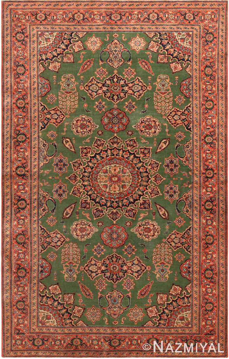 Green Background Antique Persian Tabriz Rug 72470 by Nazmiyal Antique Rugs