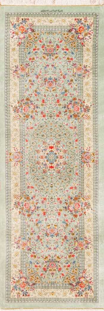 Vintage Persian Qum Silk Floral Medallion Hallway Runner Rug 72788 by Nazmiyal Antique Rugs